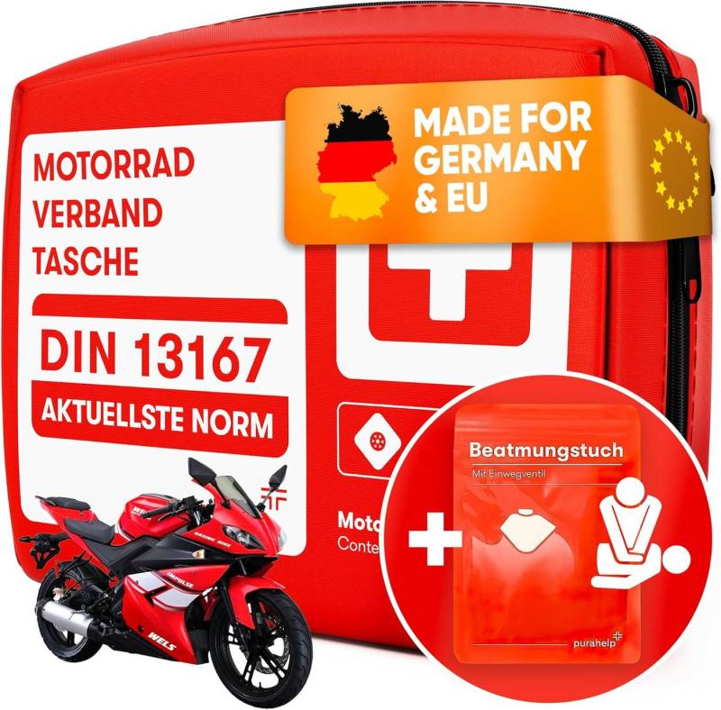 Purahelp KFZ-Verbandtasche Motorrad Verbandskasten - aktuelle Norm 2025 DIN 13167 (StVO konform), (28 St), Inkl. Beatmungstuch - Motorrad Erste Hilfe Set 2025 Mini Klein von Purahelp