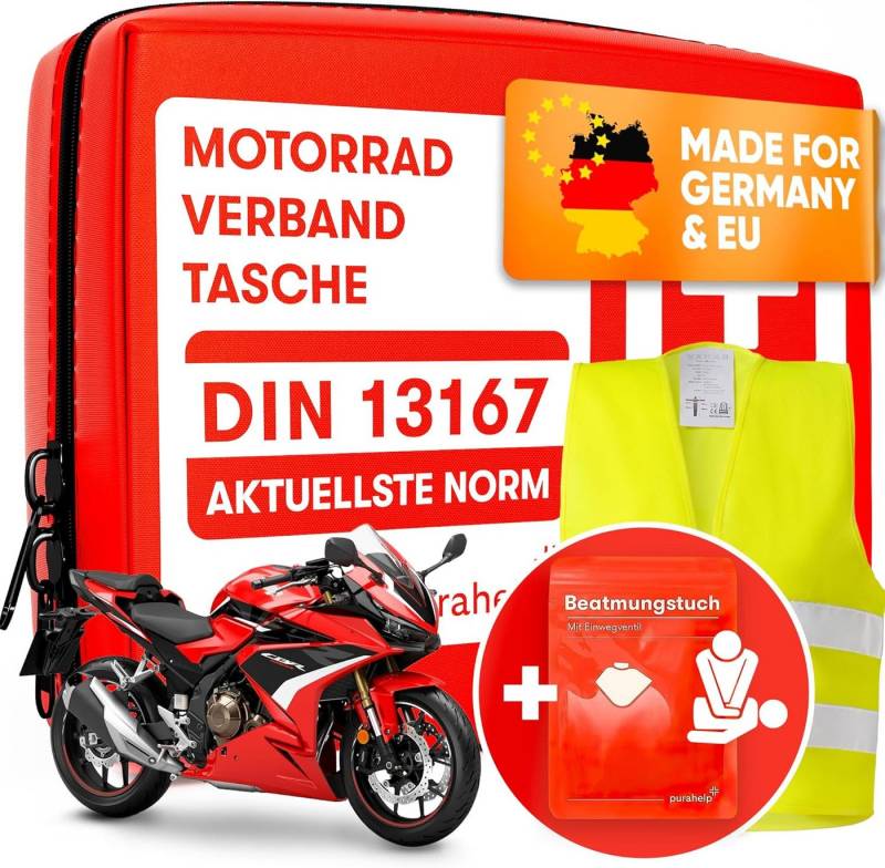Purahelp KFZ-Verbandtasche Motorrad Verbandskasten - aktuelle Norm 2024 DIN 13167 (StVO konform), (29 St), Inkl. Warnweste & Beatmungstuch - Motorrad Erste Hilfe Set von Purahelp