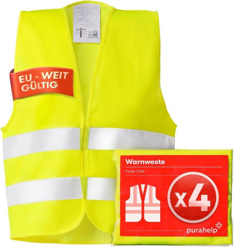 Purahelp Warnweste Auto - Europaweit gültig nach EN ISO 20471 (Reflektierende Warnweste Auto - Sicherheitsweste Auto Warnweste Gelb, 4-tlg) Warnschutzweste - Sicherheitswesten von Purahelp