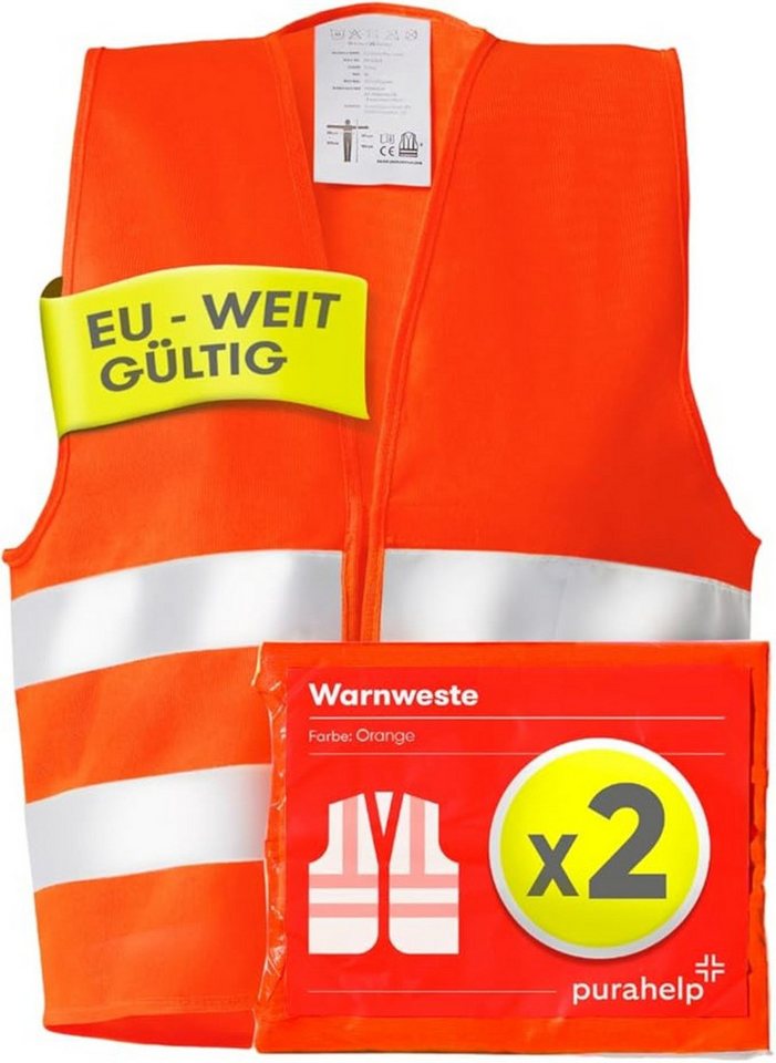 Purahelp Warnweste Auto Set Europaweit gültig nach EN ISO 20471 (Reflektierende Warnweste Auto - Sicherheitsweste Auto Warnwesten Orange, 2-tlg) Warnschutzweste - Sicherheitswesten für Erwachsene von Purahelp