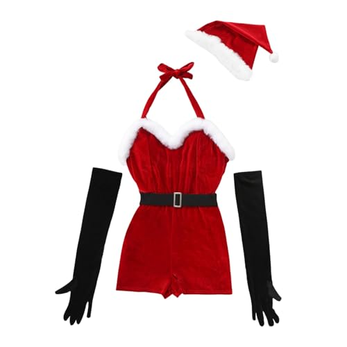 Puramala Damen Weihnachtsfrau Kostüm Set 4-Teilig - Body Mit Gürtel Weihnachtsmütze Und Langen Handschuhen | Festliche Verkleidung Für Weihnachtsfeier Und Party von Puramala