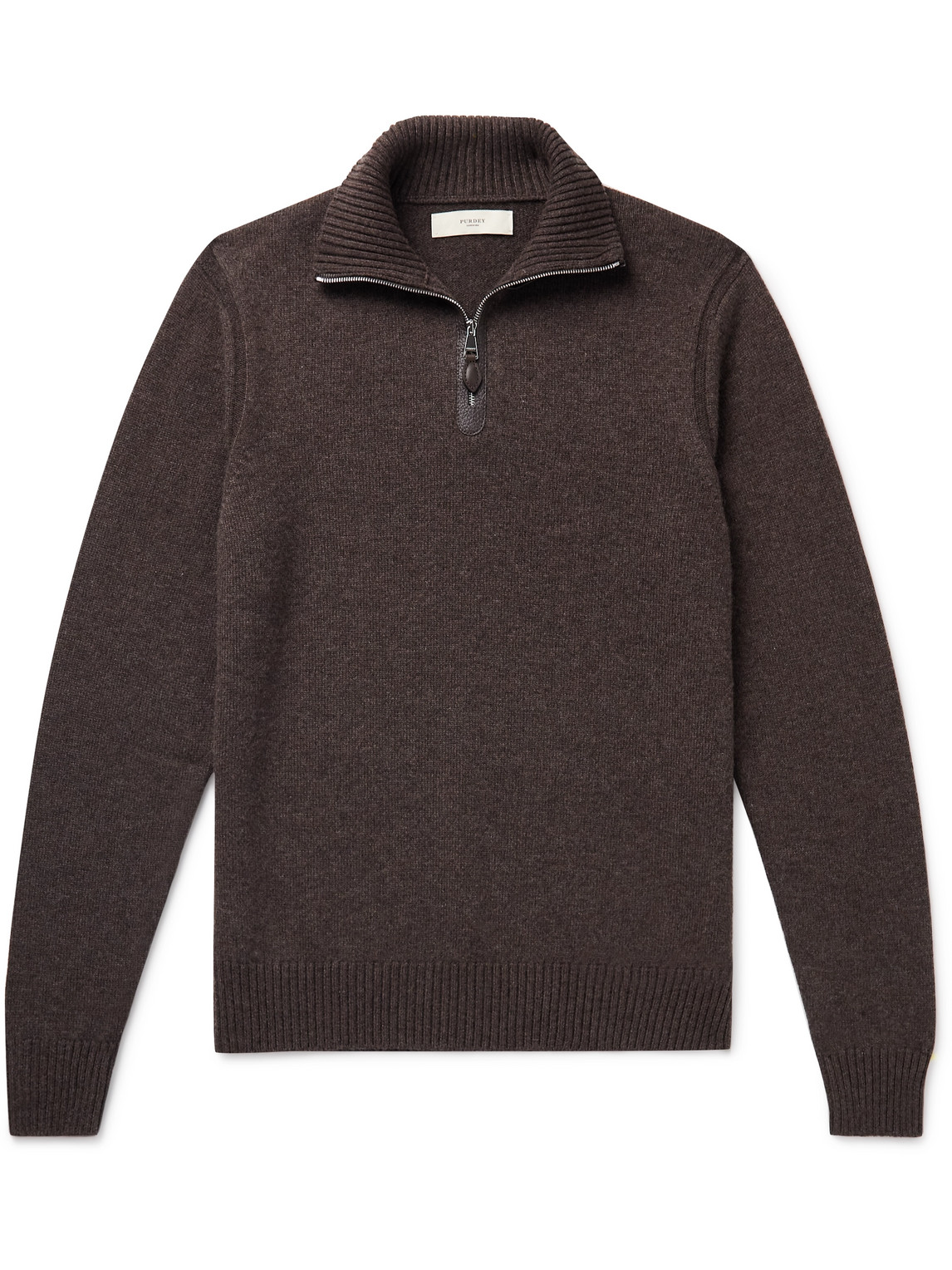 Purdey - Leather-Trimmed Cashmere Half-Zip Sweater - Men - Brown - S von Purdey