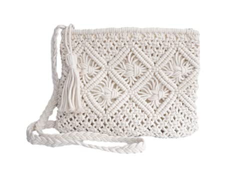 Baumwolle Makramee Geldbörse Tasche | handgewebte gestrickte Crossbody Schultergurt Reißverschluss | niedliche Fransen Boho Münze | Weiß Beige Grau, Weiss/opulenter Garten von Pure Chakra