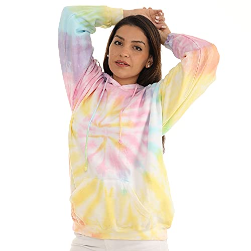 Pure Essence Tie Dye Langarm Pullover Hoodie für Damen und Herren, Fleece Kapuzen-Sweatshirt mit Fronttasche und Kordelzug, Dreamsicle, X-Large von Pure Essence