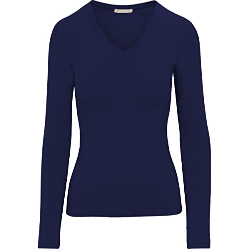 Pure Look Damen Langarm Stretch Baumwolle Slim Fit Leichtes Basic T-Shirt, V-neck Navy, Groß von Pure Look