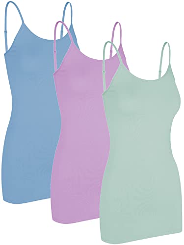 Pure Look Damen Spaghettiträger Stretch Baumwolle Lang Cami Camisole Tank Top, 3er-Pack – Hellblau, Lavendel, Minze, Mittel von Pure Look