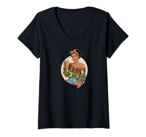 Damen Girl Empowered Afro Black Queen African Women Coffee Late T-Shirt mit V-Ausschnitt Damen Girl Empowered Afro Black Queen African Women Coffee Late T-Shirt mit V-Ausschnitt von Pure Melanin DearPrint