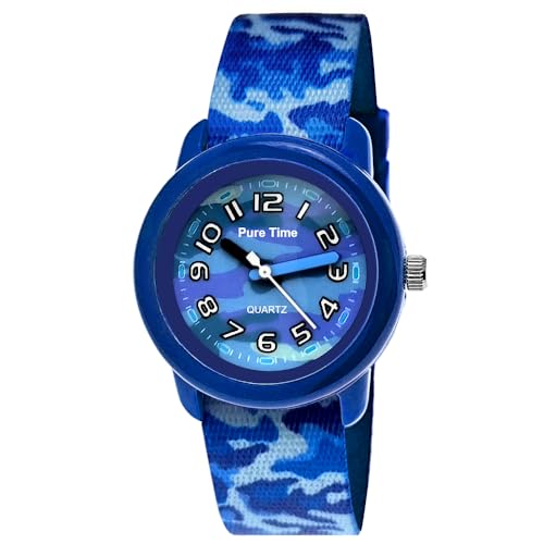 Pure Time® Kinder Uhr Jungenuhr Mädchenuhr Camouflage Tarn Armbanduhr Textil Armband Analoge Junge Kinderuhr Textilarmband Schwarz Blau Grau Lern-Uhr von Pure Time