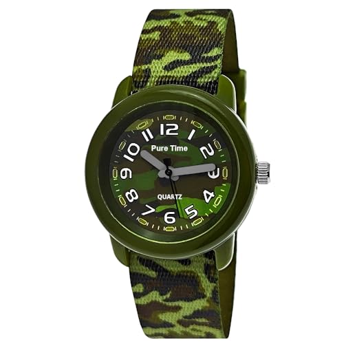 Pure Time® Kinder Uhr Jungenuhr Mädchenuhr Camouflage Tarn Armbanduhr Textil Armband Analoge Junge Kinderuhr Textilarmband Schwarz Grün Grau Lern-Uhr von Pure Time