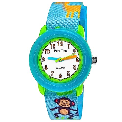 Pure Time® Kinder Uhr Jungenuhr Mädchenuhr Zoo Tiere REH AFFE Blumen Giraffe Armbanduhr Textil Armband Analoge Junge Mädchen Kinderuhr Textilarmband Türkis Blau Orange Lern-Uhr (Kids.Tiere.Türkis) von Pure Time