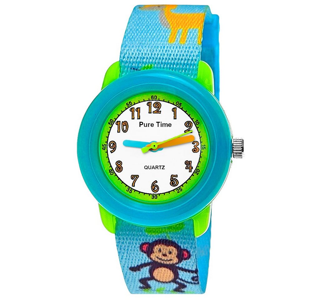 Pure Time Quarzuhr Tiere Kinder Textil Armbanduhr, Kinderuhr in hell blau, grün & weiß von Pure Time