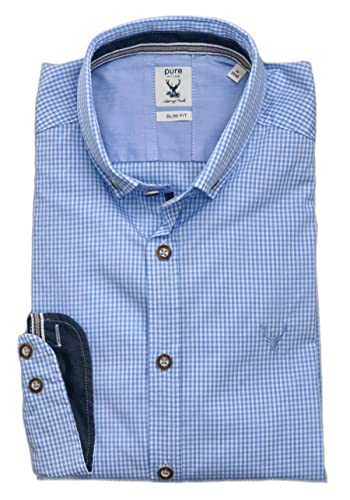Pure Slim Fit Trachtenhemd Langarm Button Down Kragen Karo hellblau Größe XL von Pure