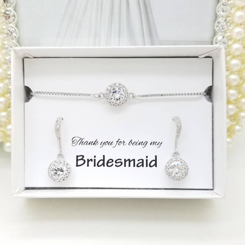 Brautjungfer Schmuck Geschenkset - Halo Cz Armband & Ohrringe Danke Geschenkbox von PureCrystalSJ
