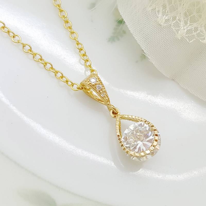 Gold Teardrop Cz Halskette Elegantes Brautschmuck Geschenk von PureCrystalSJ
