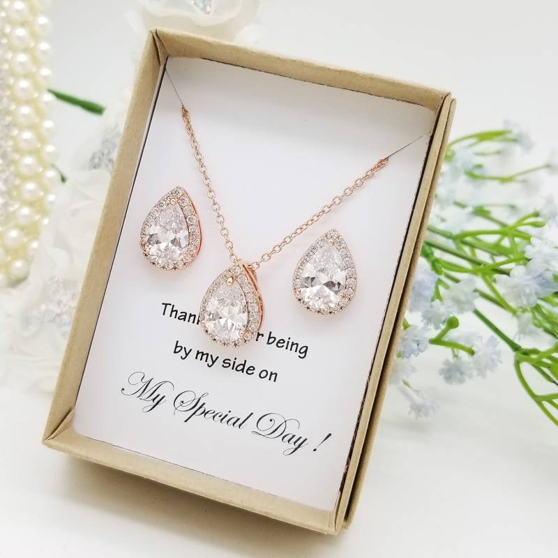 Rose Gold Teardrop Halskette Und Ohrringe Set Brautjungfer Schmuck von PureCrystalSJ