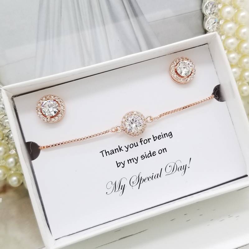 Rosegold Zirkonia Armband Und Ohrringe Brautjungfer Schmuck-Set von PureCrystalSJ