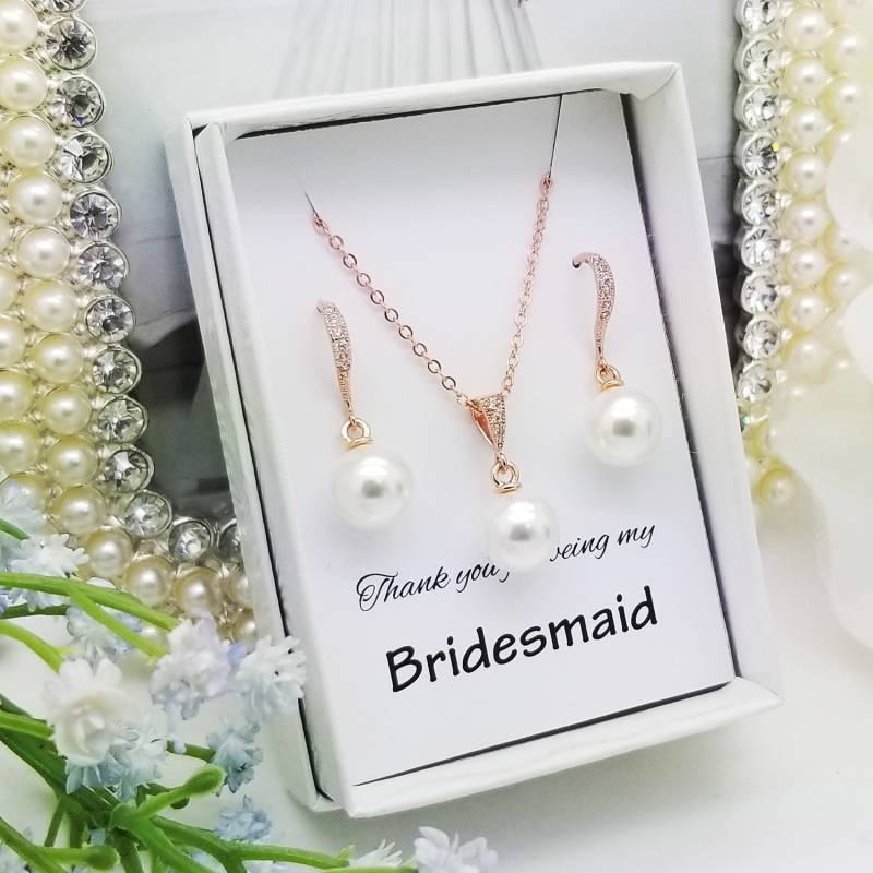 Rose Gold Pearl Brautjungfer Schmuck Set Baumeln Halskette Und Ohrringe von PureCrystalSJ