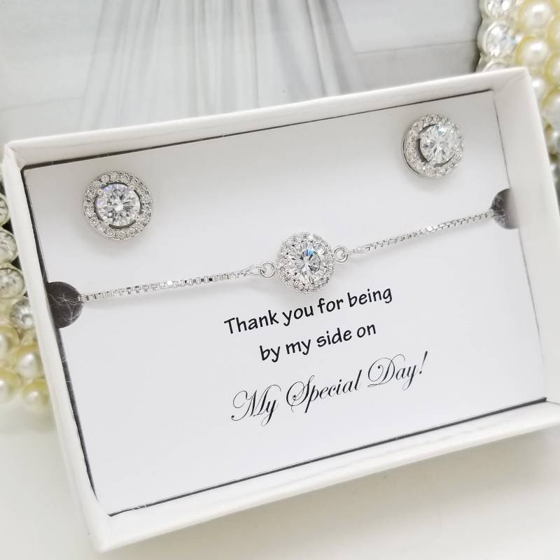 Silber Flache Halo Ohrringe Und Armband-Set, Hochzeit Brautjungfer Schmuck-Set Geschenk von PureCrystalSJ