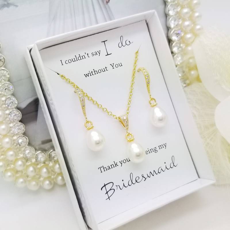 Teardrop Pearl Brautjungfer Schmuck Set Baumeln Halskette & Ohrringe von PureCrystalSJ