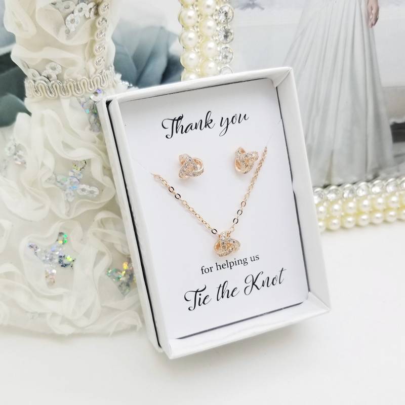 Rose Gold Knoten Ohrringe Und Halskette Set Cubic Zirconia Brautjungfer Schmuck von PureCrystalSJ