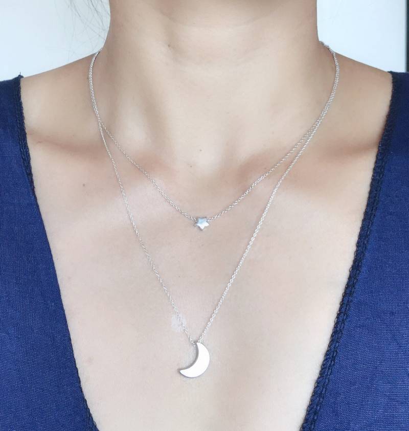 Celestial Schichtung Kette, Gold Mond Und Sterne Geschichtet, Zierliche Halskette, Zarte Feine Halbmond Stern von PureOneJewelry