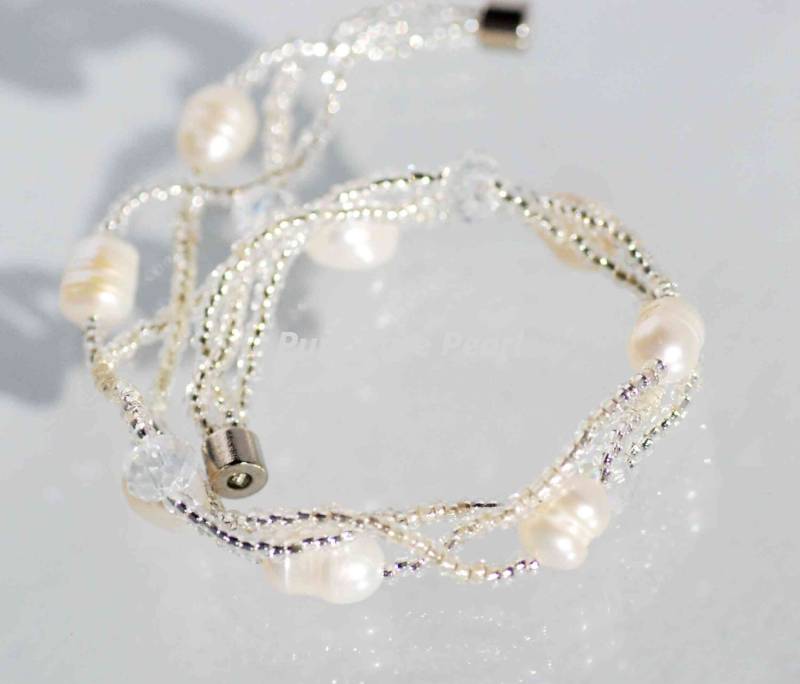 Perlenarmband 7 "Weiß 3 Reih 6-7mm Barock Reis Süßwasserperle Grün Crystaln ArmbandGeschenk Mode Liebe Braut Hochzeit von PurePurePearl