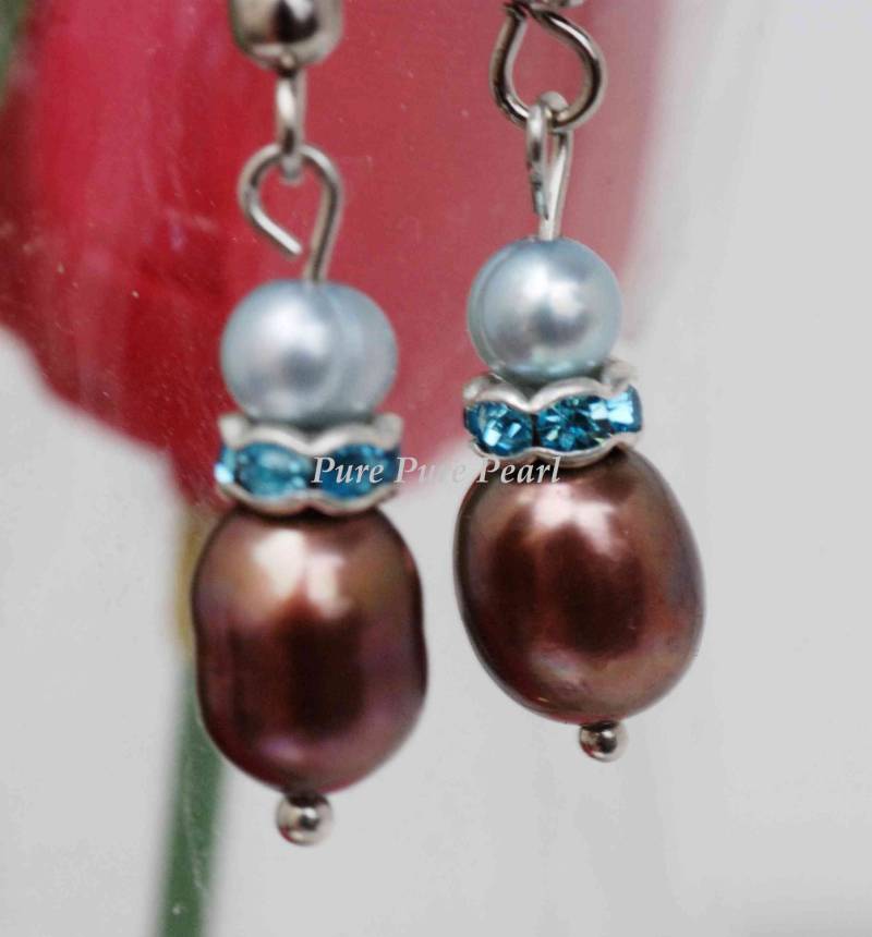 Teardrop Kaffee Perle Ohrringe Mit Blauer Kristall Brautschmuck von PurePurePearl