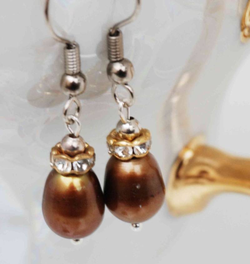 Vintage Brown Teardrop Perlen-Ohrringe Kristall-Silber-Brautschmuck von PurePurePearl