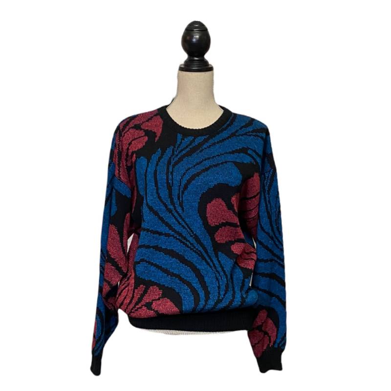 Vintage 80Er Retro Crew Neck Pullover Rot Schwarz Blau Medium Swirl Floral Langarm Mod Strickpullover Sweatshirt von PureSalvation