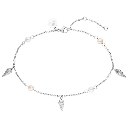 Purelei® - Akala Fußkettchen Damen – Edelstahl 18K vergoldet/rosé/silber – Mit echten Süßwasserperlen & Muschelanhängern – Verstellbar 21–25 cm – Sommerliches Fußband (Silver) von Purelei