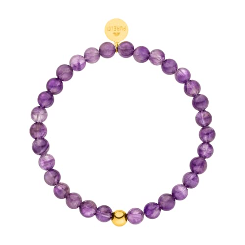 Purelei® Purple Sky Armband (Gold, Silber), Damen und Herren Armband aus Amethyst Naturstein, wasserfestes Perlenarmband Damen elastisch Logo Tag, Einheitsgröße (Gold) von Purelei