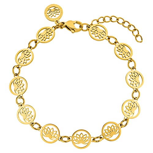 Purelei® Recognition Armband (Gold), Wasserfestes Damen Armband mit Lotusblütenverzierung, Elegantes Armband aus Edelstahl, Geschenke für Frauen,16-19 cm Länge verstellbar von Purelei