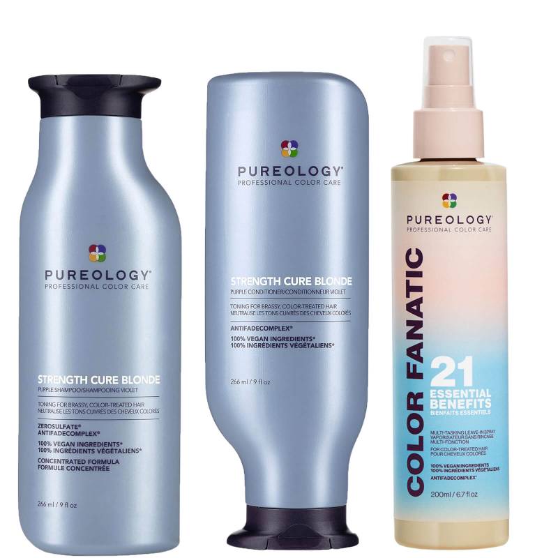 Pureology Strength Cure Blonde Purple Shampoo, Conditioner and Color Fanatic Spray Routine for Toning Brassy Hair von Pureology