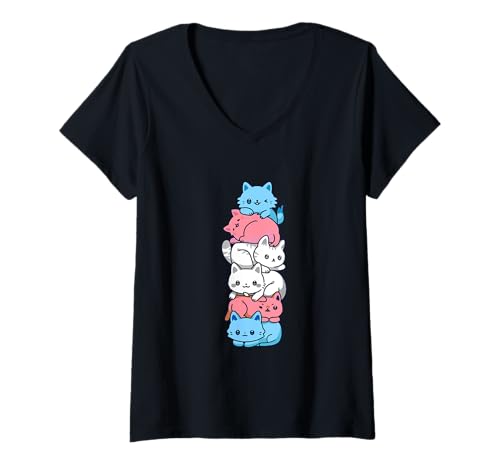 Damen Transgender Stolz Katze LGBT Trans Flagge Nette Katzen T-Shirt mit V-Ausschnitt von Purer Stolz LGBTQ Merch Speichern