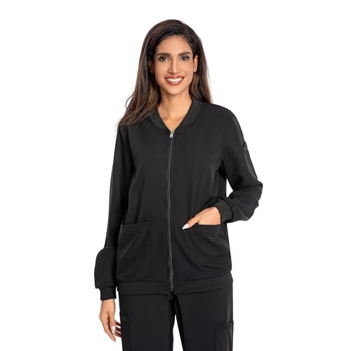 OP-Jacken für Damen, Reißverschluss vorne, Krankenschwesterjacke, 4-Wege-Stretch-Stoffmantel, Schwarz, Small von PuriPure
