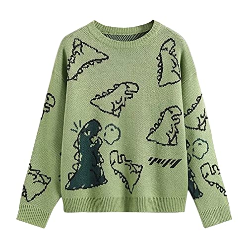 Damen Dinosaurier-Print Strickpullover Ästhetischer Harajuku Oversized Y2K Pullover E Girl Streetwear adretter Sweater, Grün , Groß Damen Dinosaurier-Print Strickpullover Ästhetischer Harajuku Oversized Y2K Pullover E Girl Streetwear adretter Sweater, Grün , Groß von Purjarda