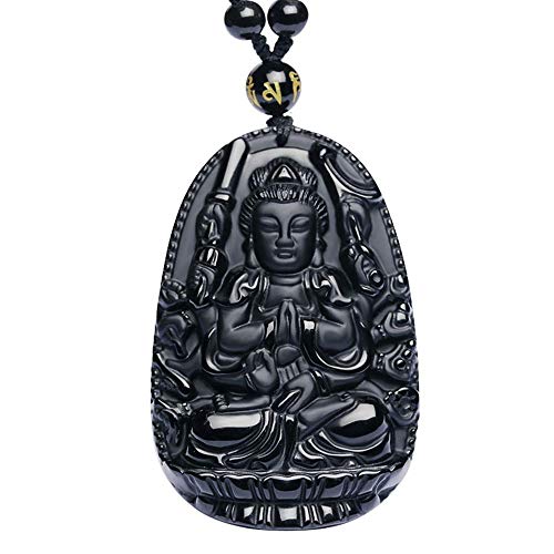 Purmy Buddha Anhänger Naturstein Amulett, Avalokitesvara Jade Buddha mit Verstellbarer Schwarzer Perlenkette 52-72cm von Tanduaji