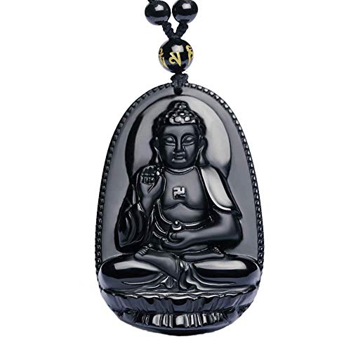 Purmy Buddha Anhänger Naturstein Amulett, Amitabha Jade Buddha mit Verstellbarer Schwarzer Perlenkette 52-72cm von Tanduaji