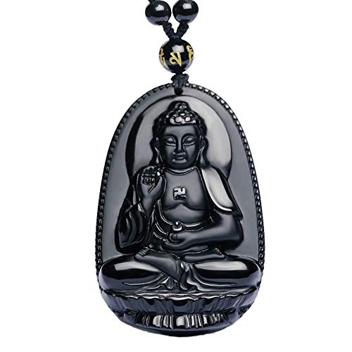 Purmy Buddha Anhänger Naturstein Amulett, Amitabha Jade Buddha mit Verstellbarer Schwarzer Perlenkette 52-72cm von Purmy