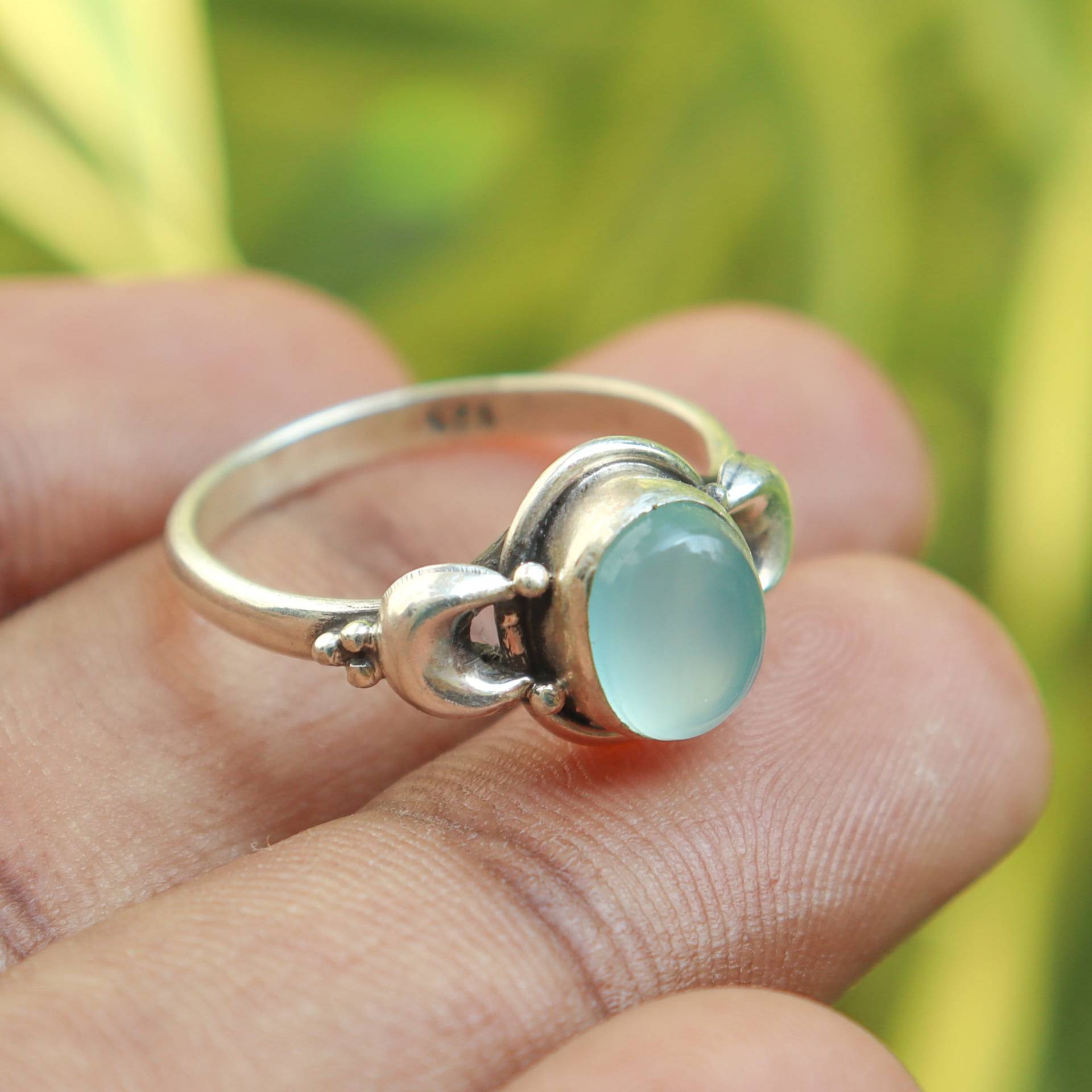 Aqua Chalcedon Ring Silber 925 Sterling Oval Frauen Band Versprechen Handgefertigter von PurnimaSilverArtisan