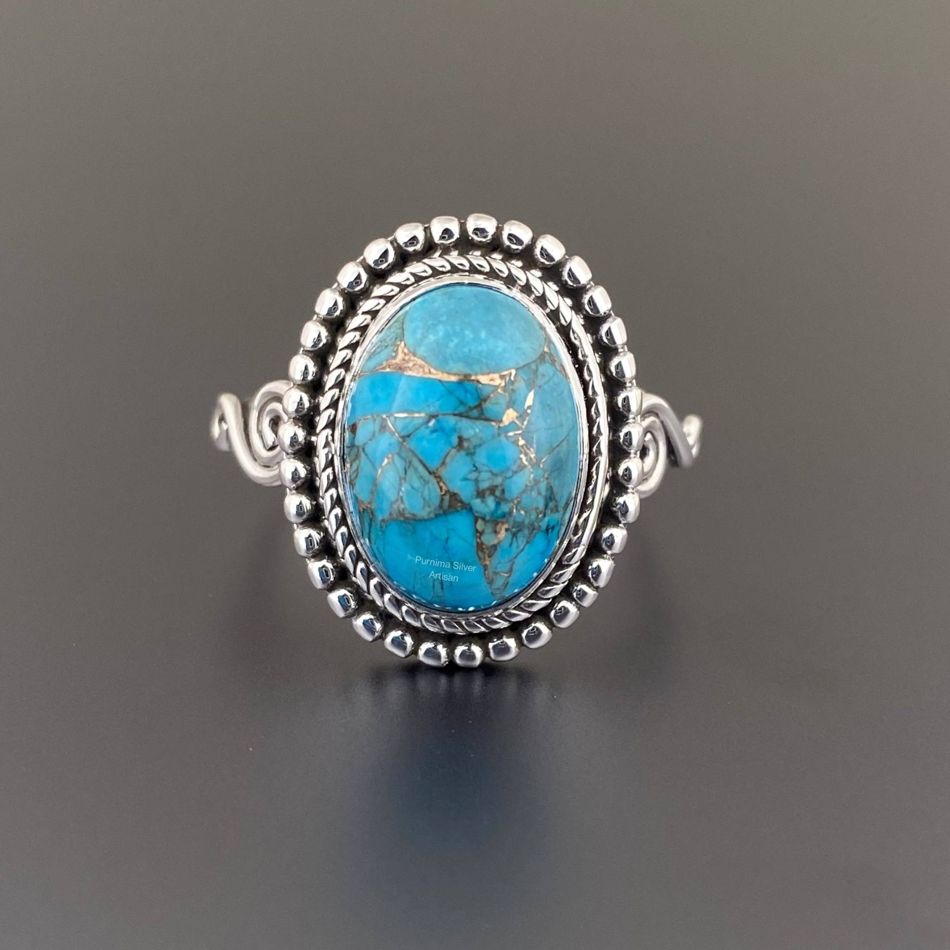 Frauen Türkis Band Ring Handgemachte 925 Sterling Silber Vintage Halbedel Blau Coppet Designer von PurnimaSilverArtisan
