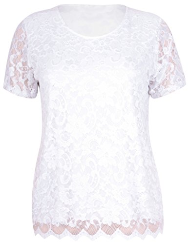 Damen Kurzärmelig Damen Stretch Rund U-ausschnitt Gefüttert Blumen Spitze Bluse T-Shirt Top Übergröße - Weiß, 54-56 von Purple Hanger