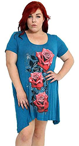 Neue Womens Plus Größe Uneben Zipfelsaum Kurzarm T-Shirt oben Damen Blumen Rosen Druck Jersey Tunika - Türkis, 20 von Purple Hanger