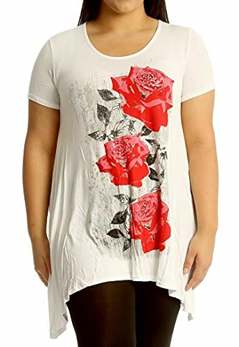 Neue Womens Plus Größe Uneben Zipfelsaum Kurzarm T-Shirt oben Damen Blumen Rosen Druck Jersey Tunika - Weiß, Damen, 56-58 von Purple Hanger