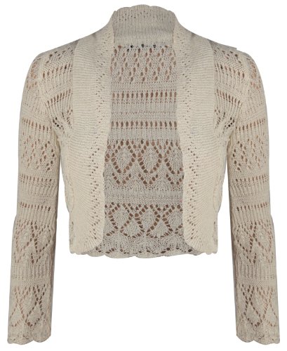 Purple Hanger - Damen Frauen Bolero Strick Jäckchen Offen Häkel Optik Langarm Bauchfrei Schulterjäckchen - EU 36/38, Creme von Purple Hanger