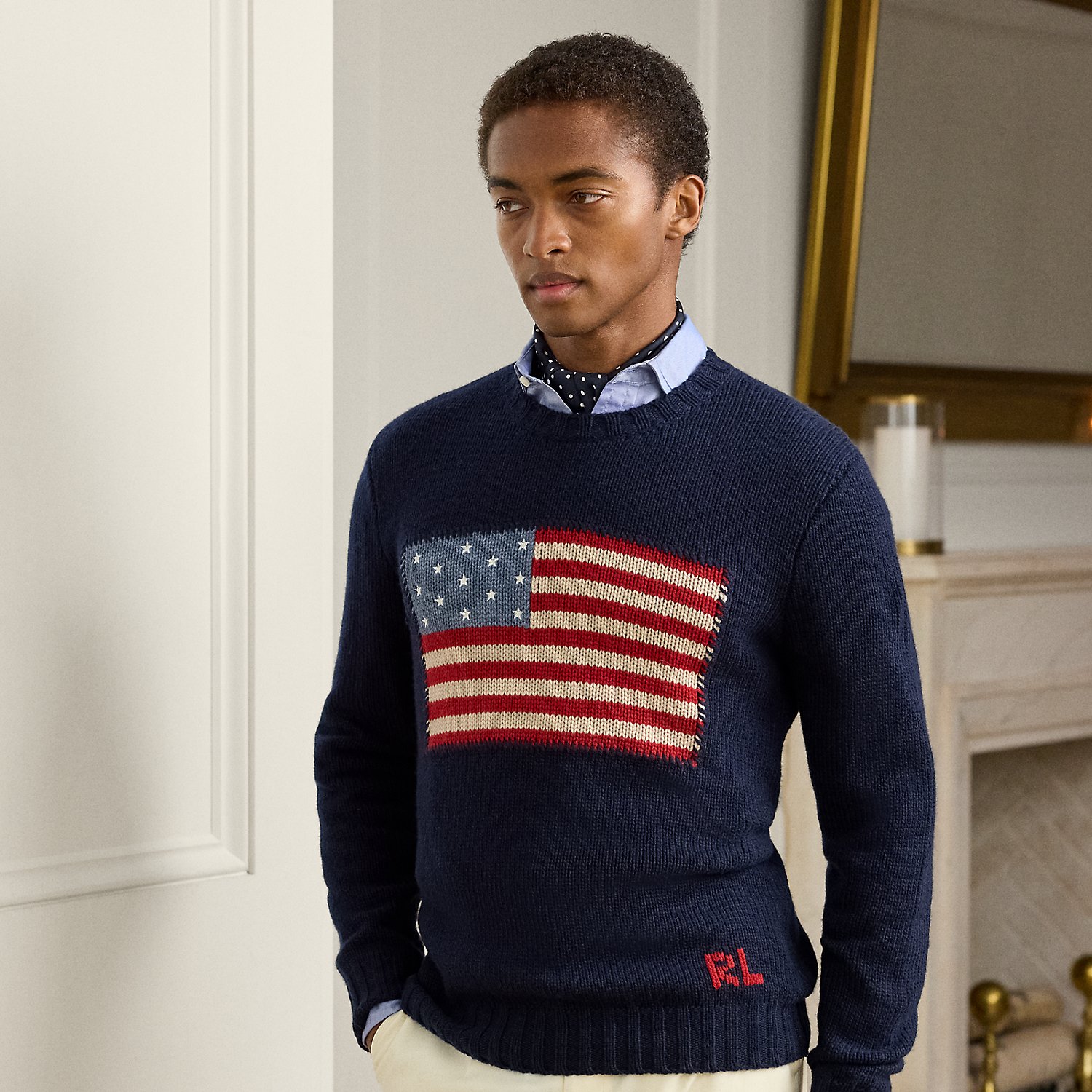 Kaschmir-Rundhalspullover mit US-Flagge von Purple Label