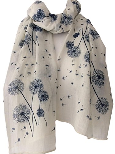 Purple Opossum® Damen-Schal mit Blumenmotiv, elfenbeinfarben, marineblaue Blumen, Wickeltuch, Pusteblumen-Schal, Creme, Elfenbein, Marineblau, Dunkelblau, 42 von Purple Possum UK