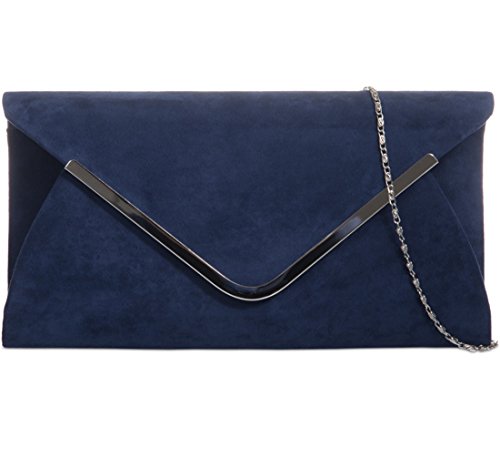 Purple Possum Navy Blue Envelope Clutch Bag Dunkelblau Faux Suede Abendtasche mit silberfarbenem Metallrand Damen Abschlussball Schultertasche Hochzeit Handtasche von Purple Possum UK