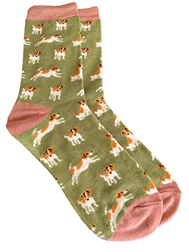 Purple Possum® Damen-Socken mit Jack- Russell-Aufdruck, Farbe Blau, Grün, Grau, weiche Bambus-Baumwoll-Mischung Gr. Einheitsgröße, Grün/Rosa von Purple Possum