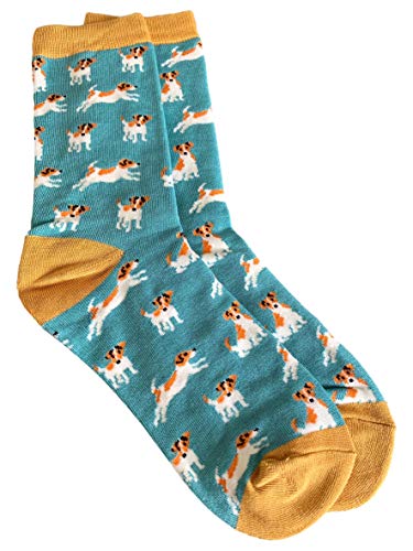 Purple Possum® Damen-Socken mit Jack- Russell-Aufdruck, Farbe Blau, Grün, Grau, weiche Bambus-Baumwoll-Mischung Gr. Einheitsgröße, Grün Blau / Gelb von Purple Possum